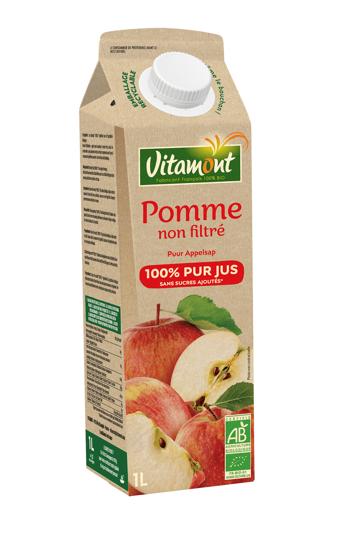 Pur jus de pomme bio non filtré - Les briques 1L - Vitamont